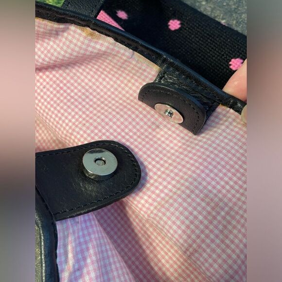 Needlepoint & Leather Tote Handbag w/Frogs - Picture 6 of 9